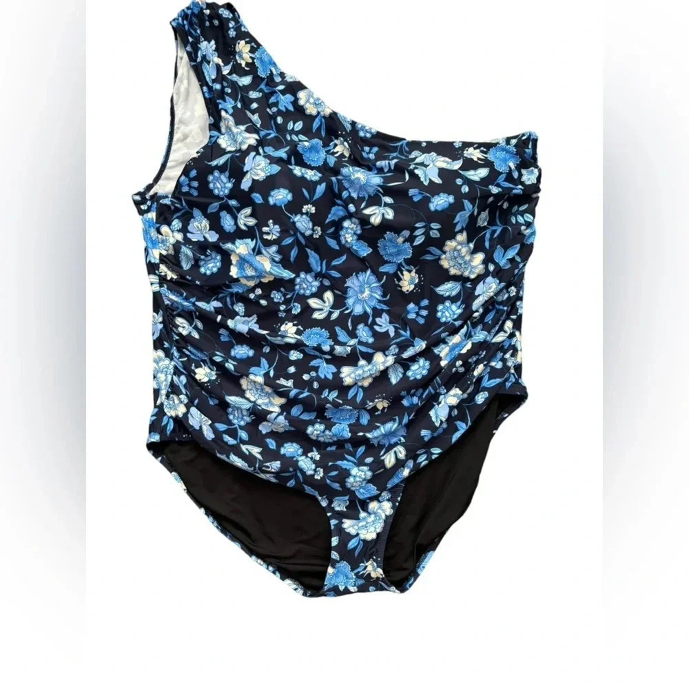 NWT J.Crew Ruched One-Shoulder One-Piece in Midnight-Blue Floral Plus 24 - Picture 2 of 5